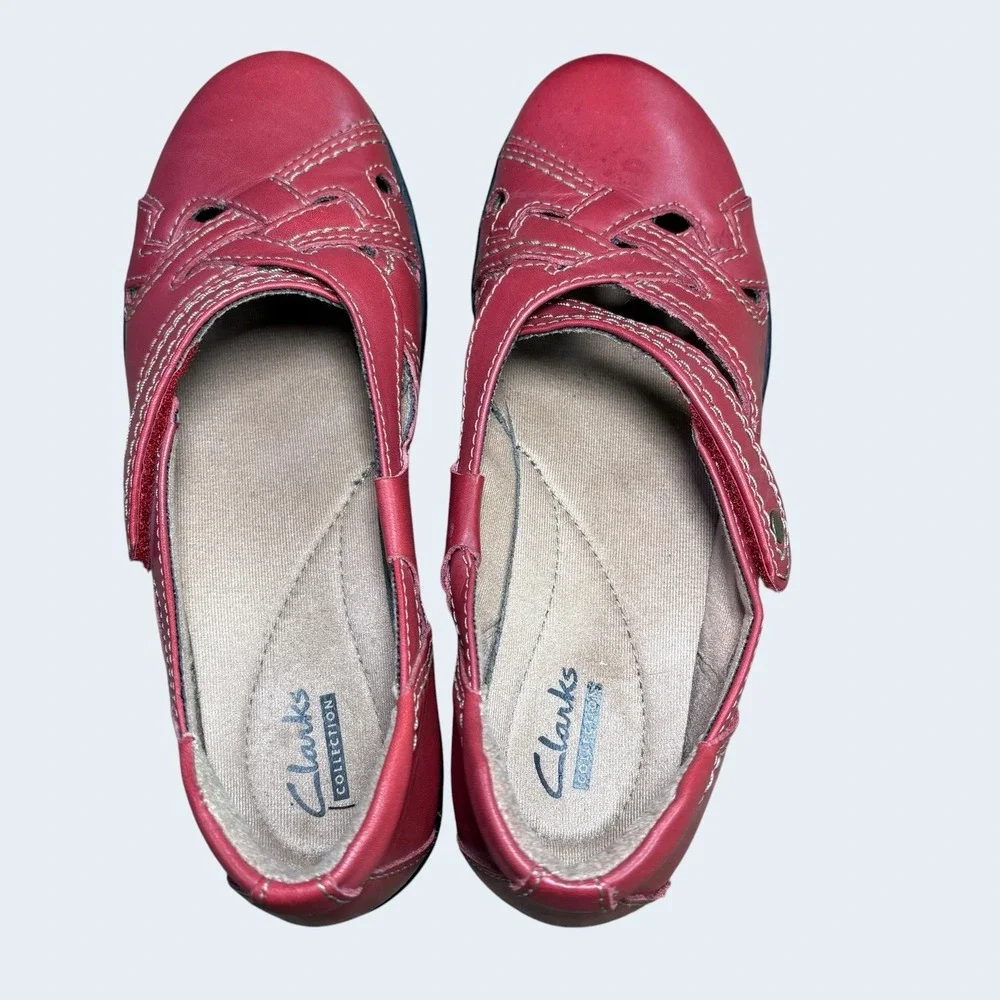 Clarks Collection Red Leather‎ Mary Jane Comfort Shoes Women's 6.5M Hook & Loop
